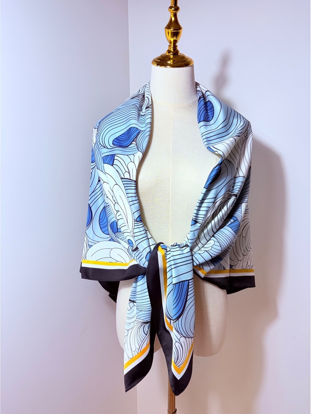 Large Abstract Wave Pattern Polyester Scarf with Yellow Border - approx. 130cm